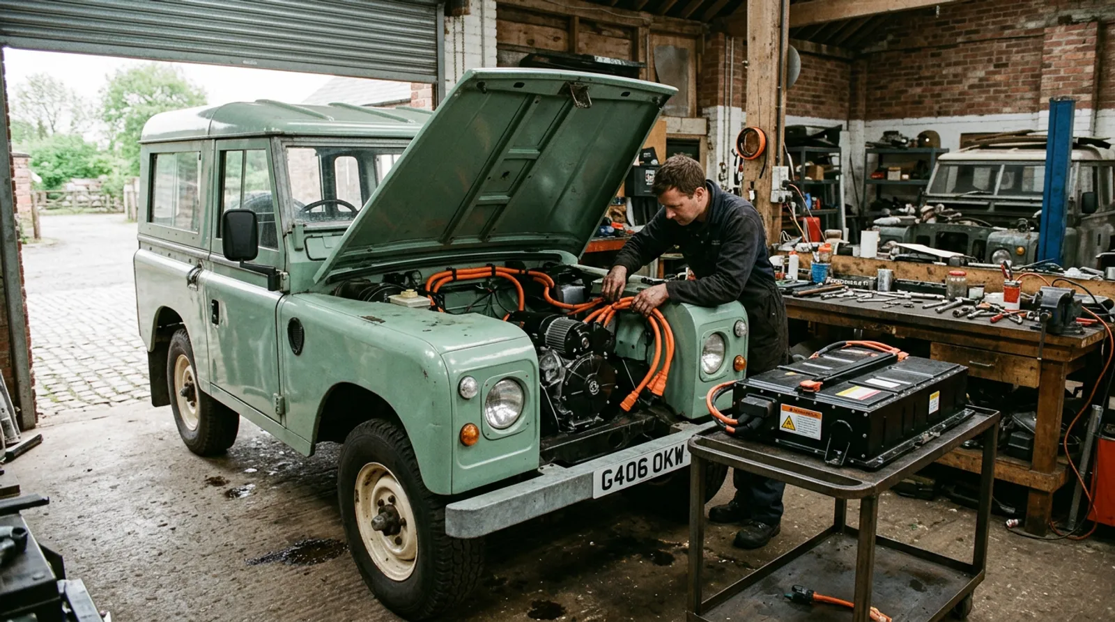A Series III Land Rover in a workshop with its engine removed and an electric motor being fitted